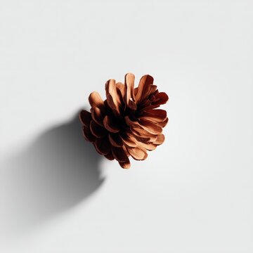 A single pine cone rests on a plain white surface, casting a soft shadow