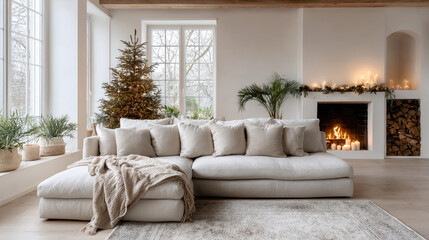 Obraz premium Warm modern living room with festive christmas tree, glowing fireplace, elegant sofa and large windows showing a snowy landscape, cozy hygge holiday ambiance