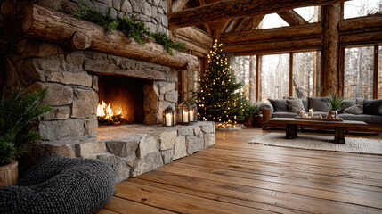 Obraz premium Warm and inviting rustic cabin interior creating a cozy christmas atmosphere, featuring a glowing fireplace and decorated holiday tree in a charming winter lodge setting