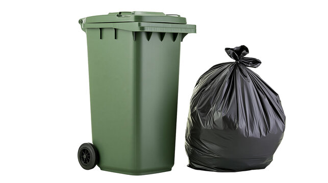 Green plastic wheeled trash bin next to a tied black garbage bag, isolated on transparent background