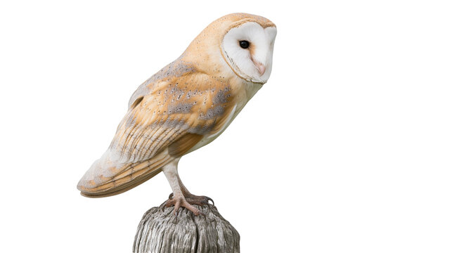 Barn owl perched on weathered wooden post, isolated on transparent background