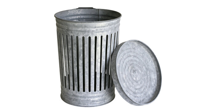 Galvanized metal trash can with perforated sides and circular lid, isolated on transparent background