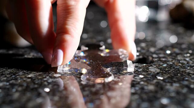 A hand placing a clear acrylic puzzle piece into a dark speckled surface.