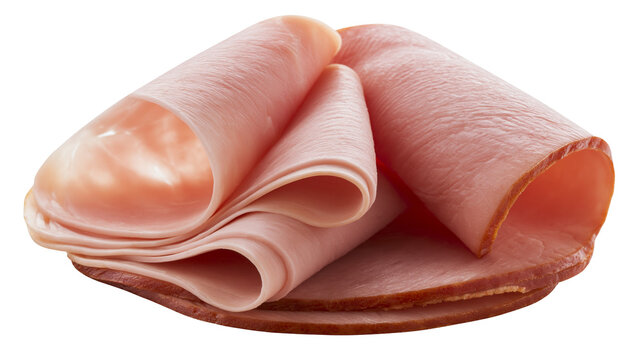 Thinly sliced rolled deli ham slices, isolated on transparent background