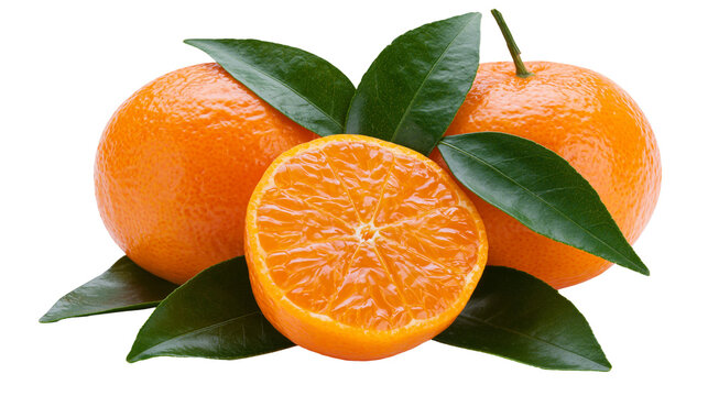 Whole and halved tangerines with green leaves, isolated on transparent background