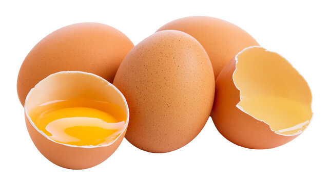 Brown chicken eggs one cracked open revealing yolk, isolated on transparent background