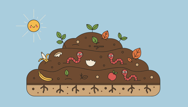Organic compost pile with cute earthworms, organic kitchen waste, leaves, and a smiling cartoon sun vector illustration.