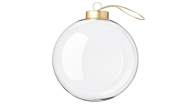 Clear round glass Christmas ornament with golden cap and loop, isolated on transparent background
