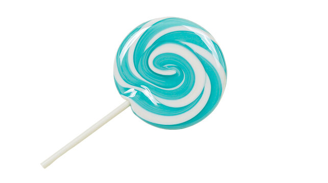 Swirled blue and white lollipop on stick, isolated on transparent background
