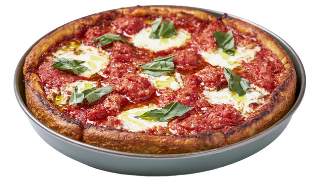 Deep dish pizza with chunky tomato sauce melted mozzarella and fresh basil leaves, isolated on transparent background
