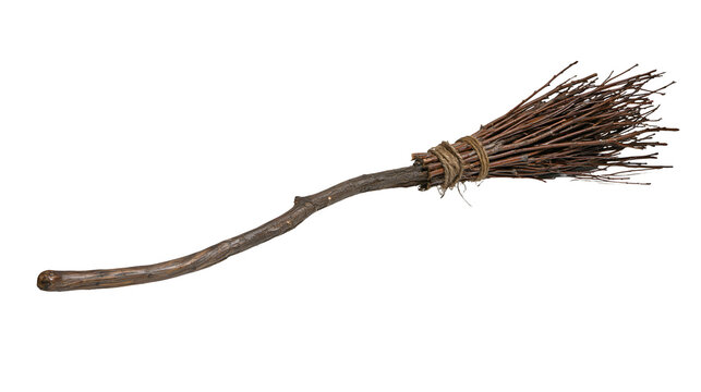 Rustic twig broom with natural twine binding, isolated on transparent background
