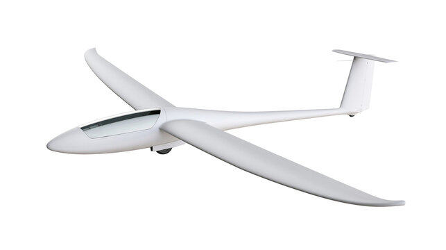 Modern white glider airplane with sleek aerodynamic wings, isolated on transparent background