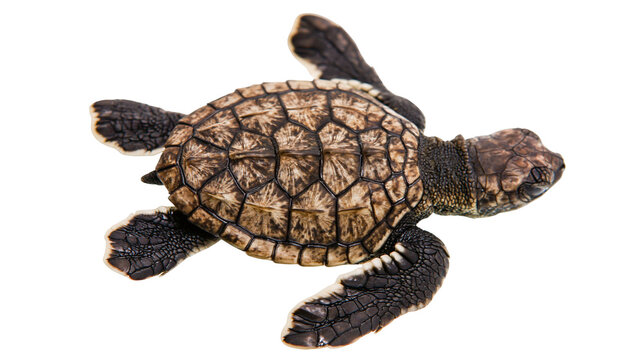 Tiny baby sea turtle with patterned shell, isolated on transparent background