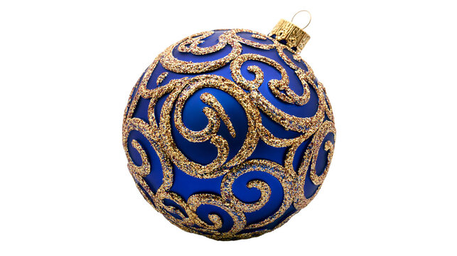 Ornate blue Christmas bauble with gold glitter swirls, isolated on transparent background