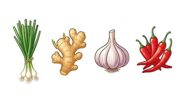Fresh spices and vegetables illustration set with green onion ginger garlic and red chili peppers