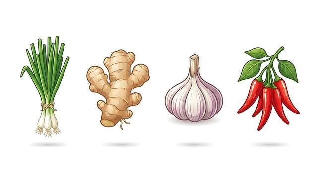Fresh Spices and Aromatics Vector Set with Green Onion Ginger Root Garlic Bulb and Red Chili Peppers