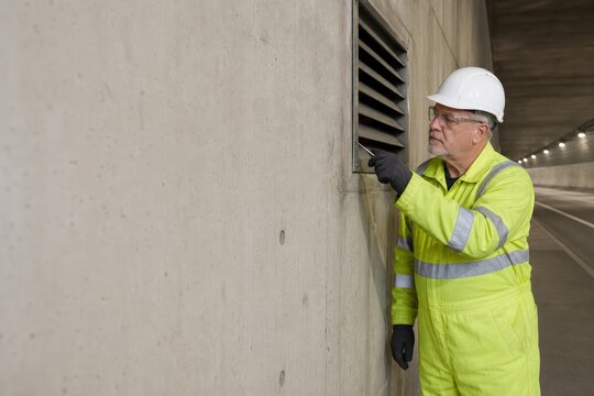 Tunnel ventilation system inspection - an inspector studying louver clearance
