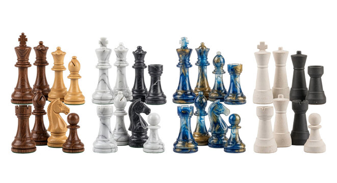 Set of four different chess piece sets in wood marble resin and stone isolated on a transparent background.