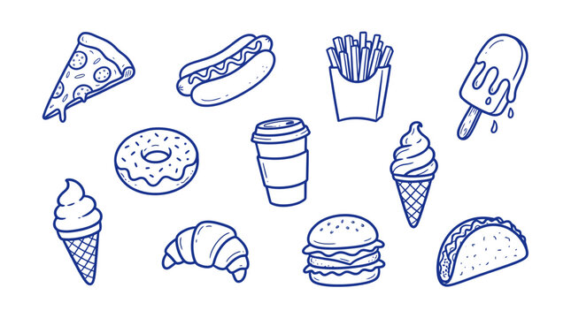 Fast food blue hand drawn doodle icons collection with pizza burger and ice