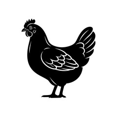 Fototapeta premium Black Chicken Silhouette Icon with Engraved Wing Details Isolated on White Background