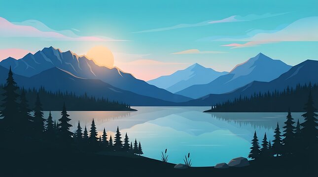 Panoramic Vector Landscape of Calm Lake and Mountain Ridge at Sunrise with Pine Silhouettes