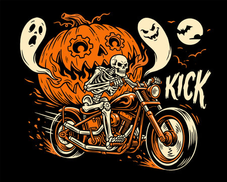 Vintage Halloween biker skeleton on motorcycle. Pumpkin head jack-o'-lantern with ghosts and bats. Custom chopper motor design for t-shirt print.