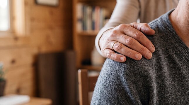 A hand rests gently on a shoulder, offering comfort and support, a symbol of human connection and care