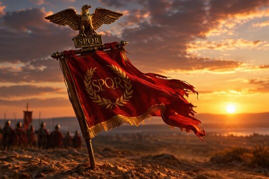 A red Roman legionary standard with a golden eagle planted in sandy soil.