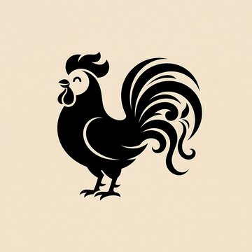 Minimalist Black Rooster Silhouette Icon with Curved Plume Feathers on Cream Background