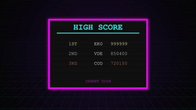Retro arcade game high score screen with neon frame