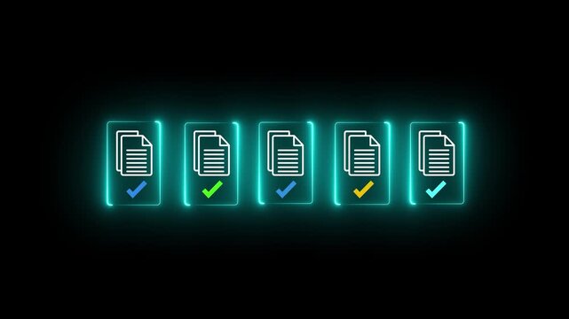 digital procurement workflow concept showing a hand selecting invoice documents with verification icons.Suitable for ERP software,B2B purchase management and paperless approval systems.4k motion video