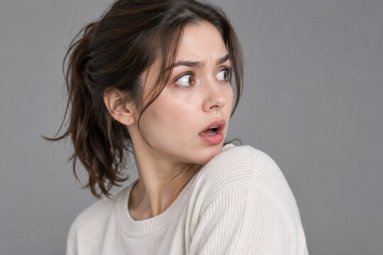 Surprised adult with wide eyes on gray background, shock and unexpected news concept