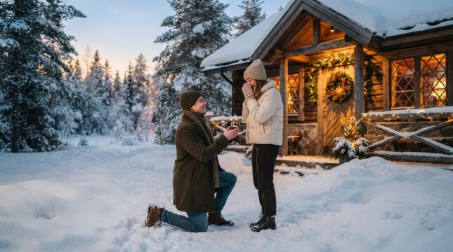 Winter Proposal: A man kneels in the snow, presenting a ring to his partner outside a charming, snow-covered cabin adorned with festive decorations, creating a magical winter proposal scene.