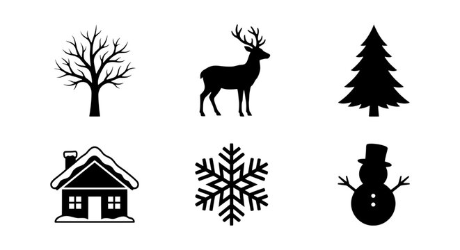 Minimalist winter icon set, black christmas silhouettes vector collection, seasonal elements