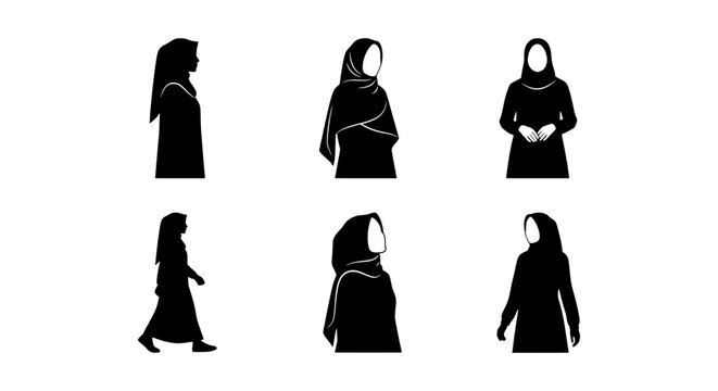 Muslim woman silhouette vector set, hijab girl character icon collection, modern Islamic design