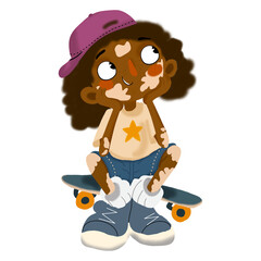 Cute cartoon boy with vitiligo sitting on skateboard, isolated PNG © Kolibri