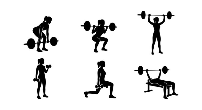 Fitness woman silhouette set, female weightlifting training poses, gym workout exercise vector