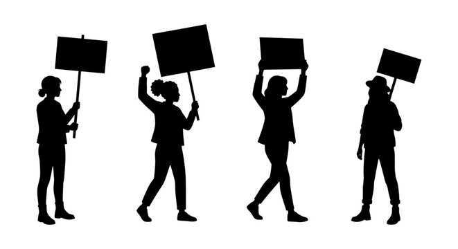 Protest silhouette vector set, activist women holding blank signs, demonstration banner silhouettes