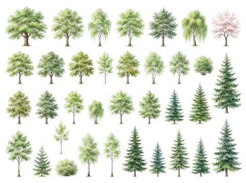 Diverse Trees Collection: A vibrant collection of various tree species, showcasing different shapes, sizes, and foliage, perfect for illustrating natural environments or landscape design.
