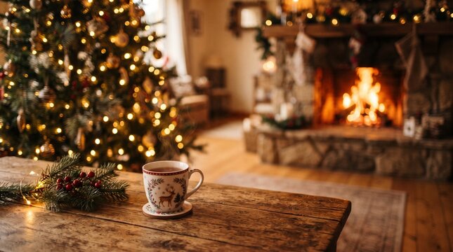 A beautifully decorated christmas tree and a warm cozy fireplace create a welcoming atmosphere in a traditional home during the holidays
