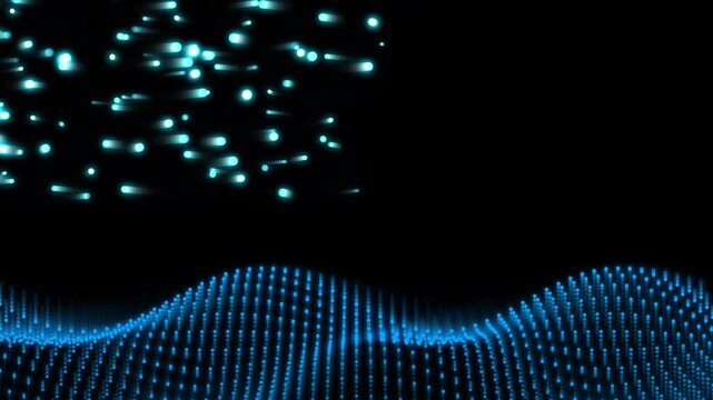 Abstract Digital Wave of Glowing Blue Particles Moving with Falling Light Streaks on Dark Background