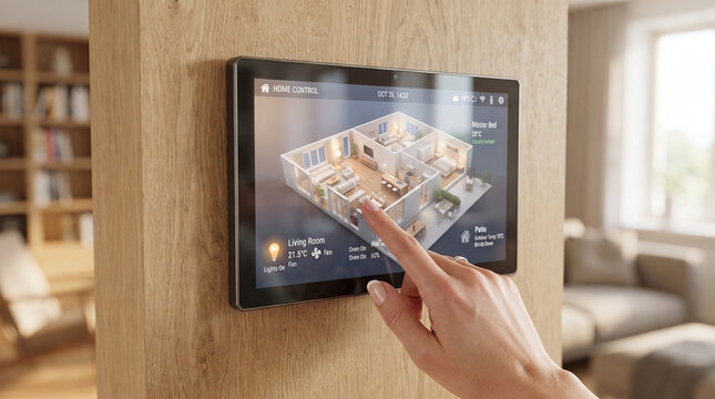 Smart Home Control Panel: A finger touches a sleek touch screen interface displaying a 3D floor plan of a modern house, controlling various smart home features within a contemporary living space.