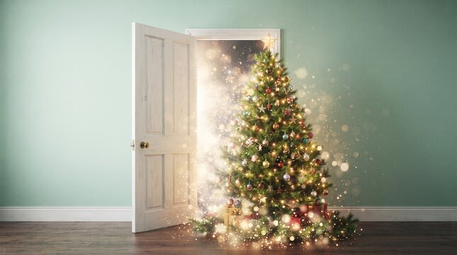 An inviting open doorway offers a glimpse into a warmly illuminated christmas tree and a comfortable holiday atmosphere within a beautiful home