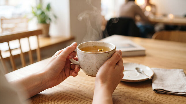 Cozy Warmth in a Cup: Hands cradle a steaming mug of herbal tea, exuding tranquility and comfort in a cafe setting, hinting at a moment of peaceful contemplation and relaxation.