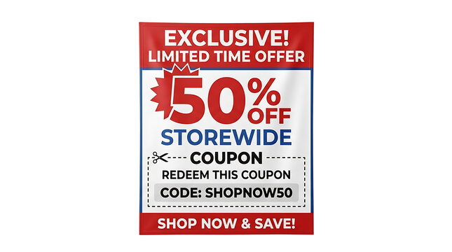 Vertical hanging banner with red and blue text advertising fifty percent off storewide coupon with redeem code shop now and save message
