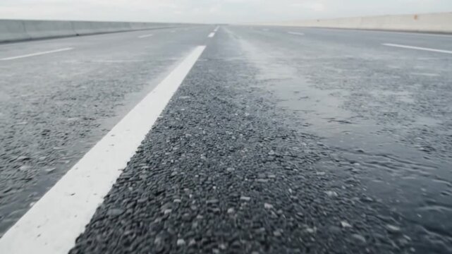 Low angle motion moving forward along empty asphalt highway with white lane divider lines