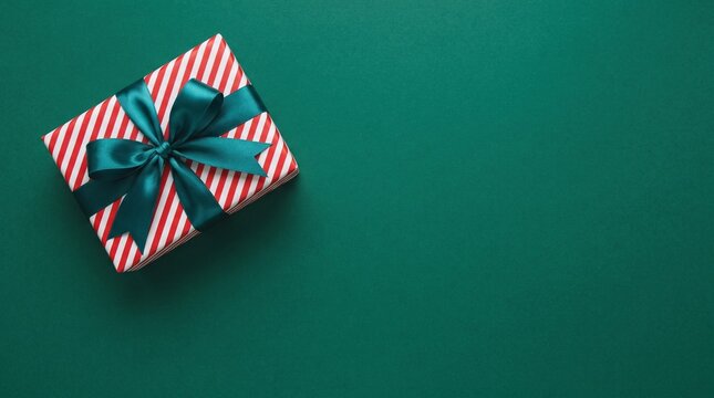 Festive gift box with a red and white striped pattern and a teal ribbon on a dark green background