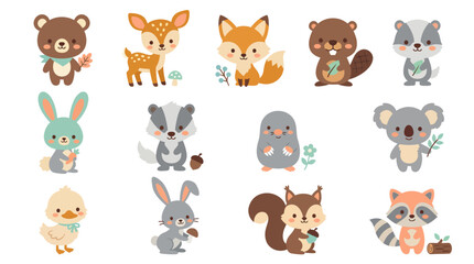 Obraz premium Set of cute woodland forest animals cartoon characters for kids.