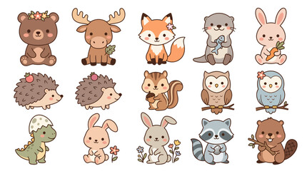 Obraz premium Set of cute woodland forest animal stickers in kawaii style.