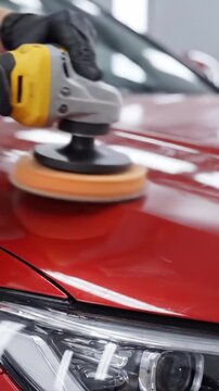 A Close-Up View of a Professional Vehicle Detailing Process Showcasing Polishing on a Glossy Red Car Surface for Enhanced Shine and Protection